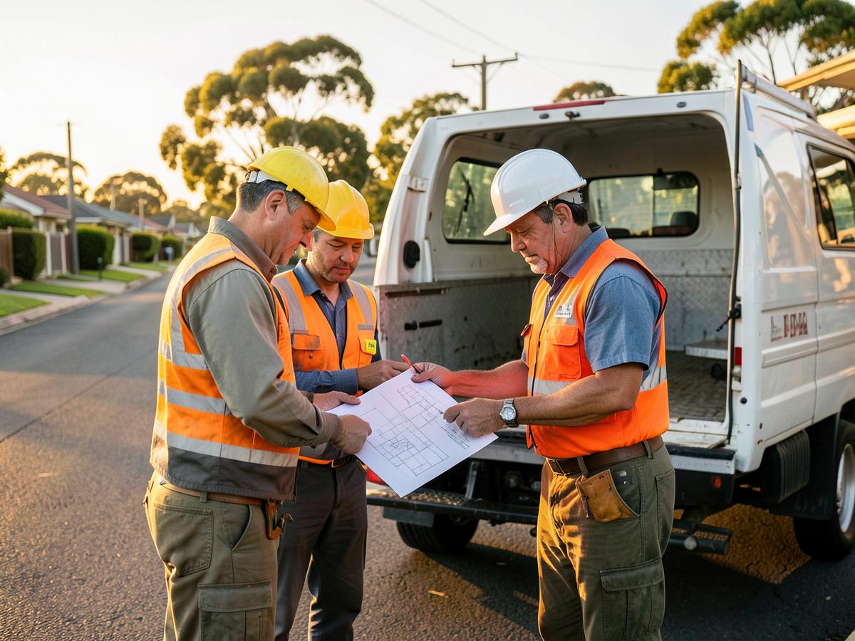 Electricians reviewing job plans beside a work van in a Brisbane suburban street