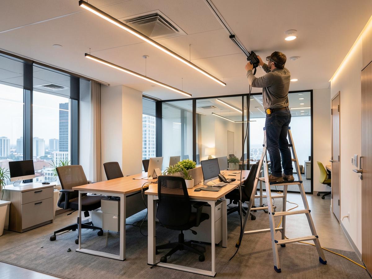 Electrician installing modern LED lighting in a Brisbane commercial office