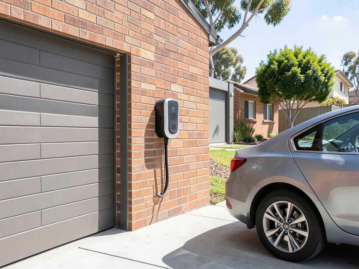 Home electric vehicle charger installed on a garage wall at a Brisbane property
